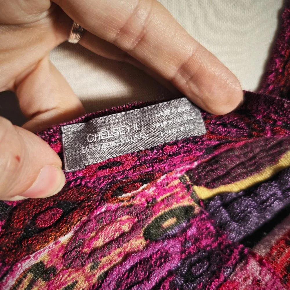 Vintage 90s Chelsey II Abstract Knit Scarf Wrap Magenta Multi Color Boho Fringe